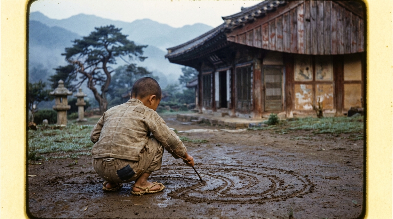 1957 산골 절 마당, 일곱 살 아이가 막대기로 결의 무늬를 그린다