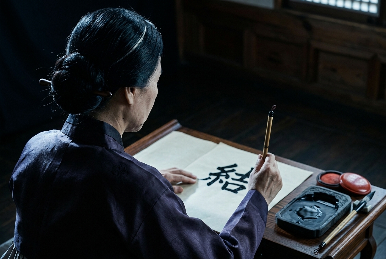소은(素隱) 선생 — 한지 위에 결(結)을 적고 있다